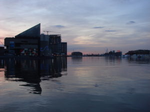 harbor and aquarium at sunrise