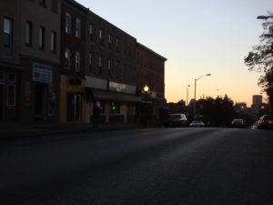 storefronts at sunrise