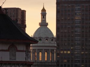 city hall dome at sunrise