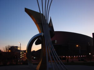 sculpture and symphony hall at sunrise, preston and howard streets, baltimore