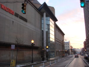 museum at sunrise, center street from cathedral street, baltimore