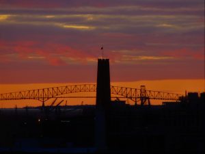 shot tower and key bridge at sunrise